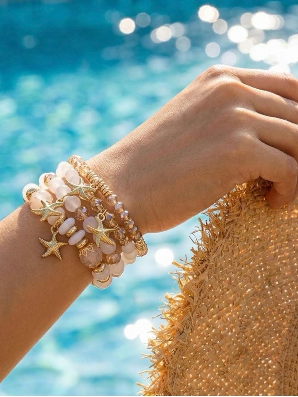 Gold & Blush Beaded Starfish Bracelet Set - Women Jewelry 4pc